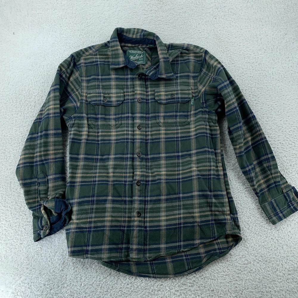 Woolrich Shirt Mens Medium‎ Green Blue Plaid Flannel Long Sleeve Button Front